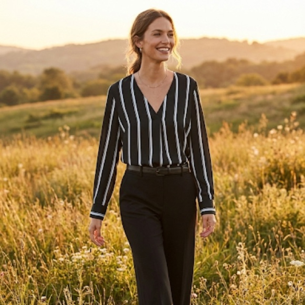 Ann Taylor Black, Gray & White Striped V-Neck Blouse